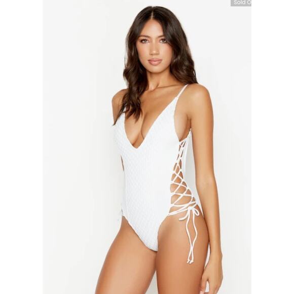 Ris-K Plunging Back Solid White Lace up One Piece Swimsuit Small NWT - Picture 1 of 5